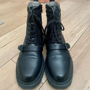 AllSaints Black Leather Lace-Up Buckle Combat Boots